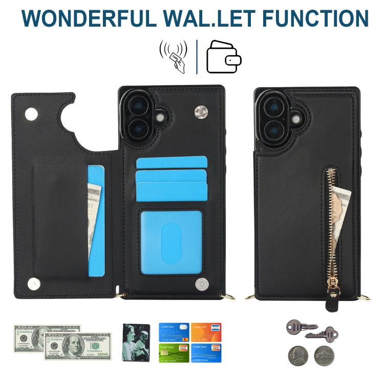 For iPhone 16 Plus Cross-body Zipper Square Phone Case