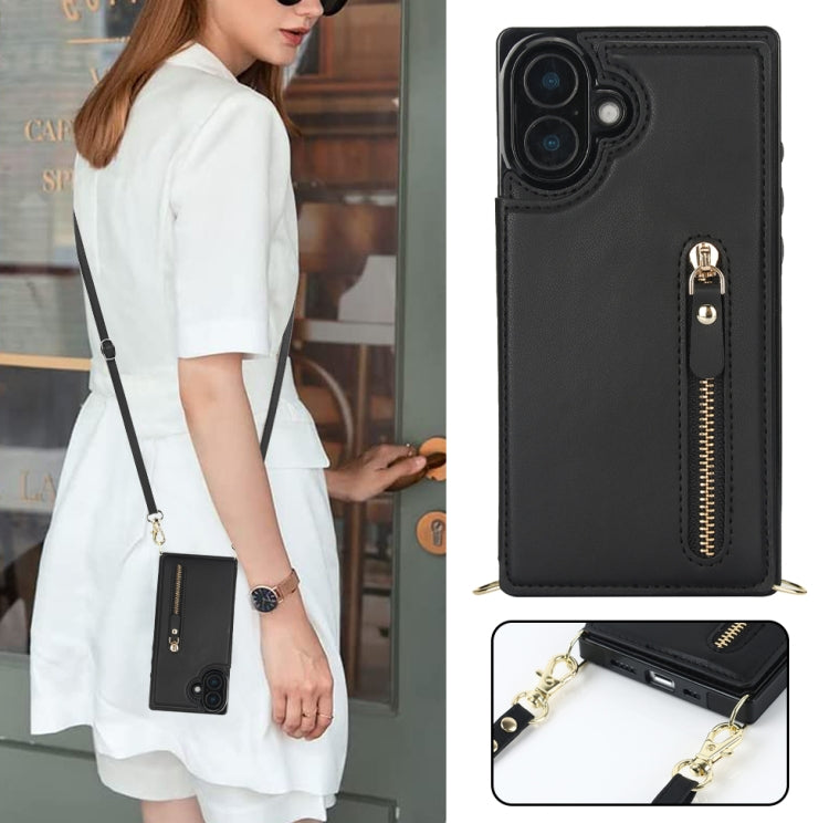 For iPhone 16 Plus Cross-body Zipper Square Phone Case
