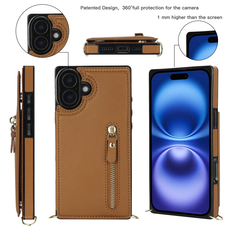 For iPhone 16 Cross-body Zipper Square Phone Case
