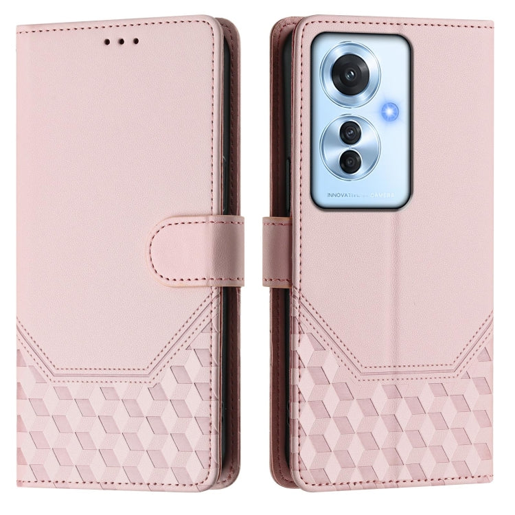 For OPPO Reno11 F 5G Global Honeycomb Embossing RFID Leather Phone Case