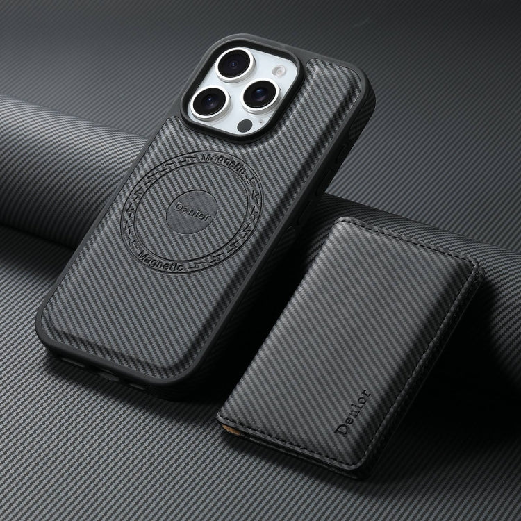 For iPhone 16 Pro Max Denior Carbon Fiber Texture Leather Card Bag MagSafe Phone Case
