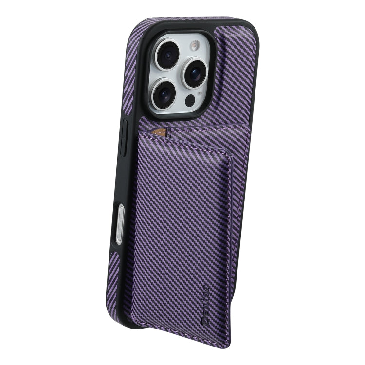 For iPhone 16 Pro Max Denior Carbon Fiber Texture Leather Card Bag MagSafe Phone Case