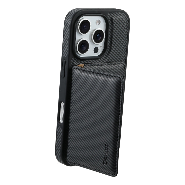 For iPhone 16 Pro Denior Carbon Fiber Texture Leather Card Bag MagSafe Phone Case