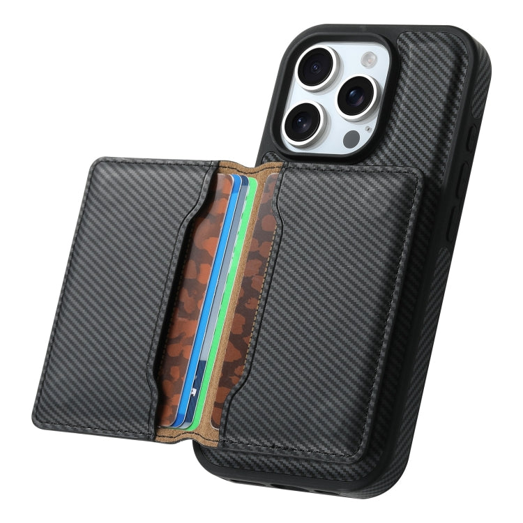 For iPhone 16 Pro Denior Carbon Fiber Texture Leather Card Bag MagSafe Phone Case