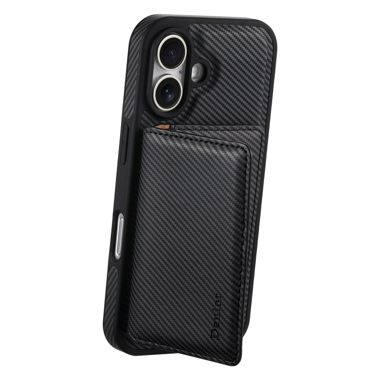 For iPhone 16 Denior Carbon Fiber Texture Leather Card Bag MagSafe Phone Case