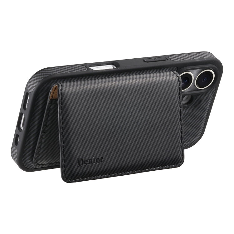 For iPhone 16 Denior Carbon Fiber Texture Leather Card Bag MagSafe Phone Case