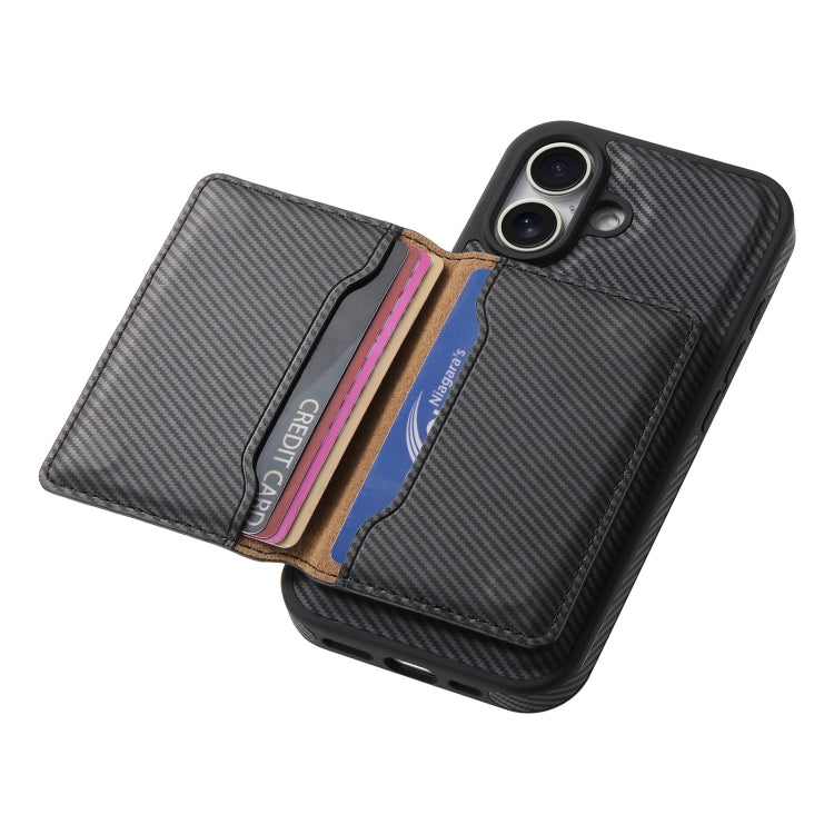 For iPhone 16 Denior Carbon Fiber Texture Leather Card Bag MagSafe Phone Case