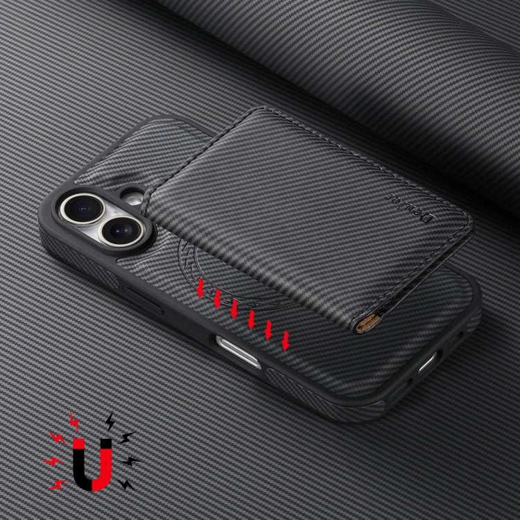 For iPhone 16 Denior Carbon Fiber Texture Leather Card Bag MagSafe Phone Case