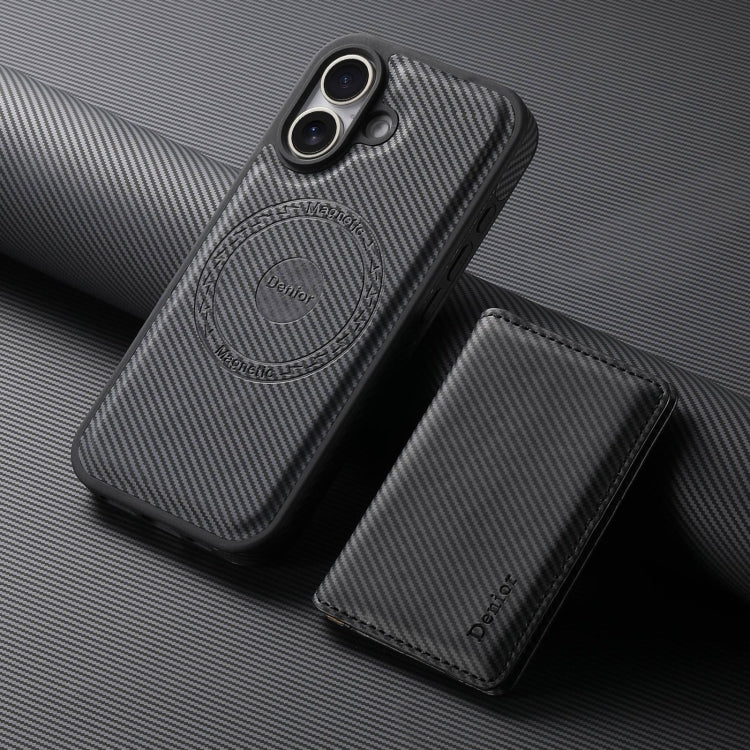 For iPhone 16 Denior Carbon Fiber Texture Leather Card Bag MagSafe Phone Case