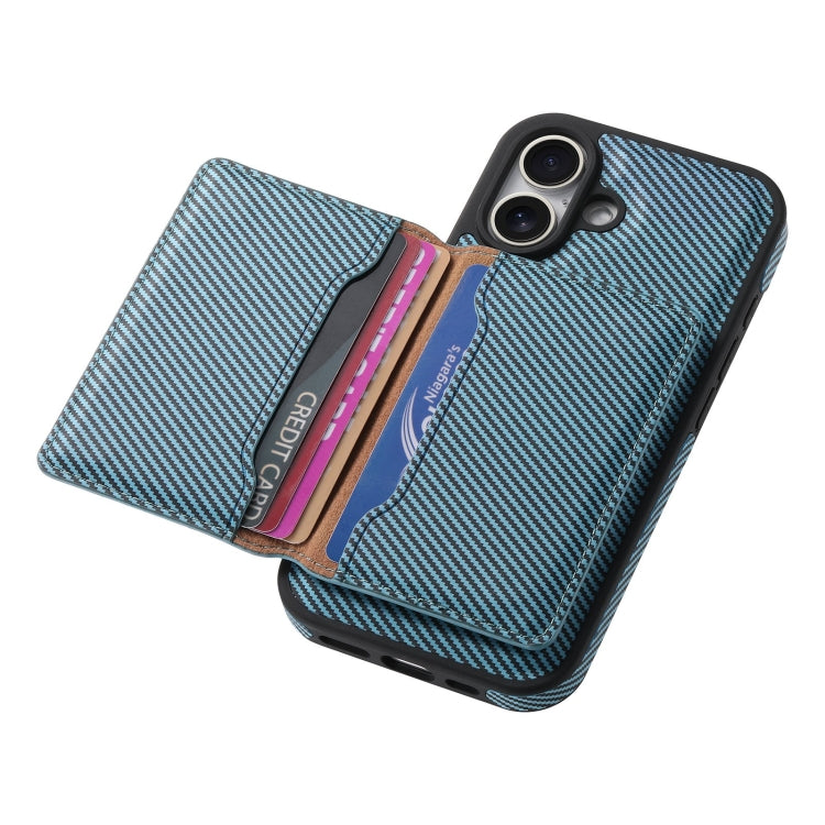For iPhone 16 Denior Carbon Fiber Texture Leather Card Bag MagSafe Phone Case