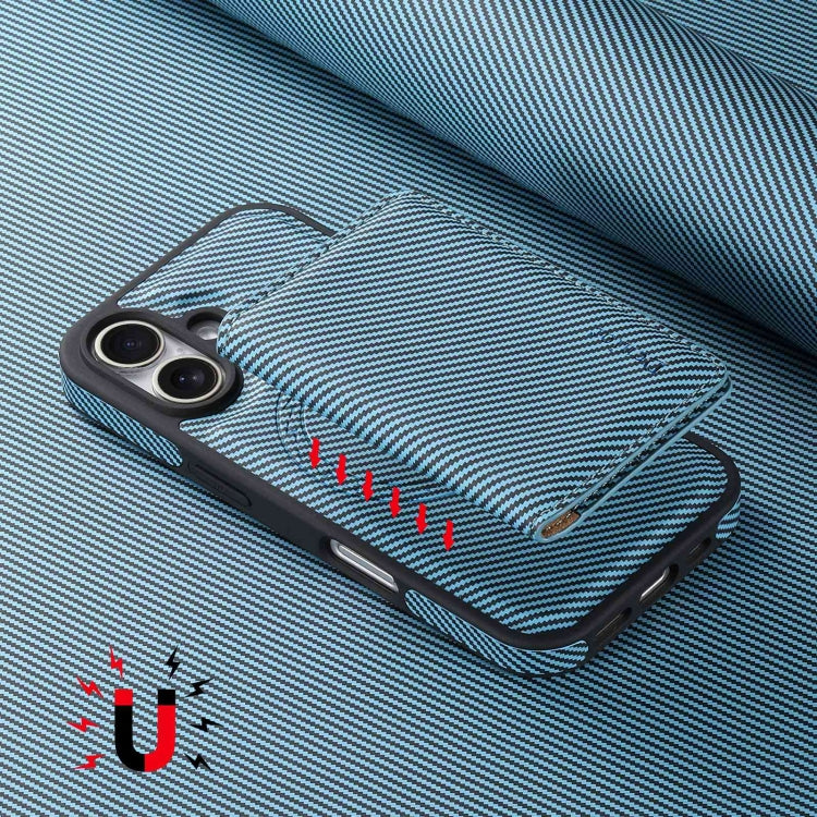 For iPhone 16 Denior Carbon Fiber Texture Leather Card Bag MagSafe Phone Case