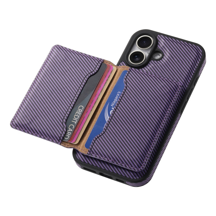 For iPhone 16 Denior Carbon Fiber Texture Leather Card Bag MagSafe Phone Case
