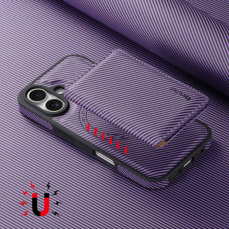 For iPhone 16 Denior Carbon Fiber Texture Leather Card Bag MagSafe Phone Case