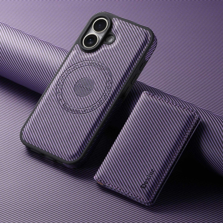 For iPhone 16 Denior Carbon Fiber Texture Leather Card Bag MagSafe Phone Case