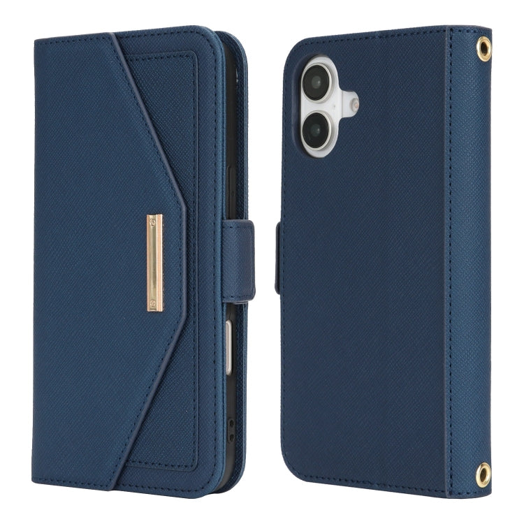 For iPhone 16 Plus Cross Texture Crossbody Lanyard Leather Phone Case