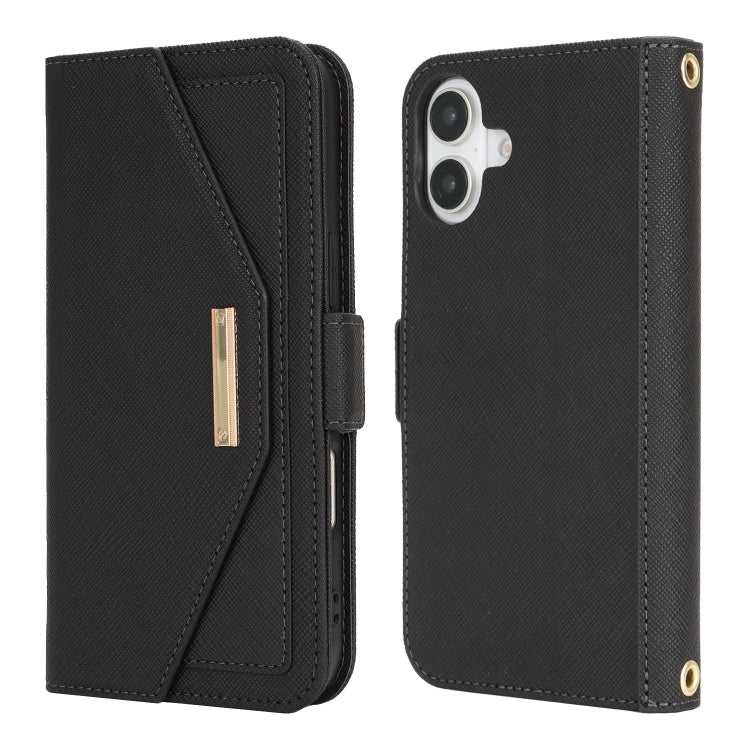 For iPhone 16 Cross Texture Crossbody Lanyard Leather Phone Case