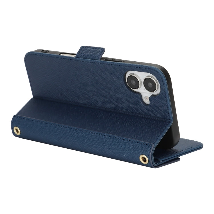 For iPhone 16 Cross Texture Crossbody Lanyard Leather Phone Case