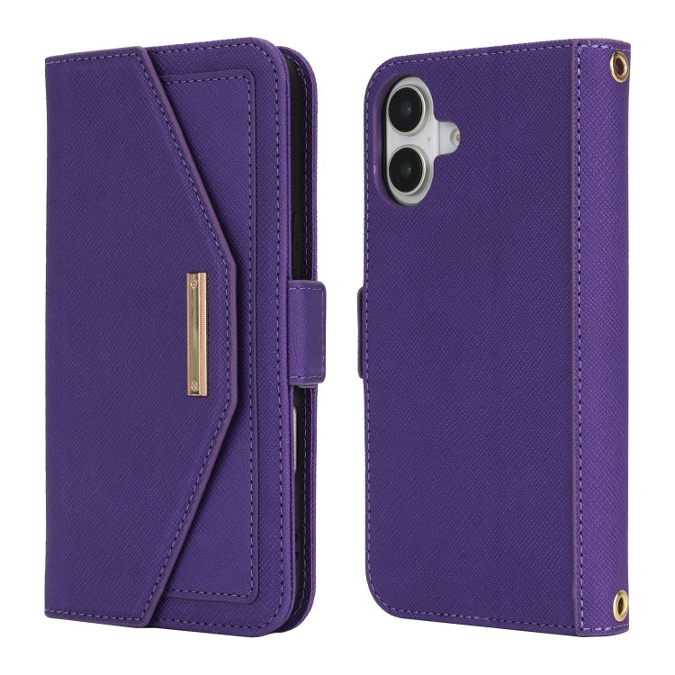 For iPhone 16 Cross Texture Crossbody Lanyard Leather Phone Case