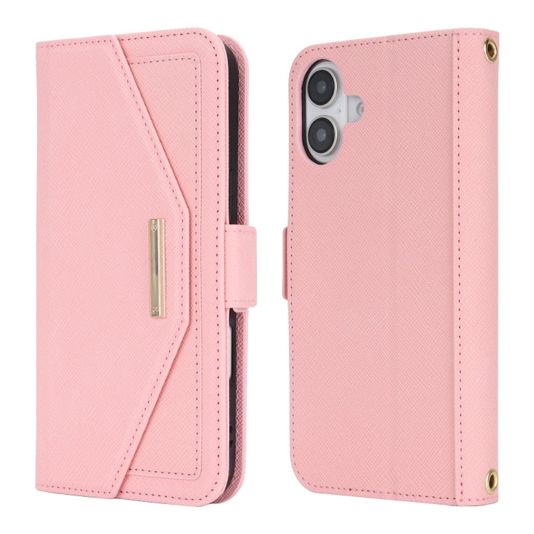 For iPhone 16 Cross Texture Crossbody Lanyard Leather Phone Case