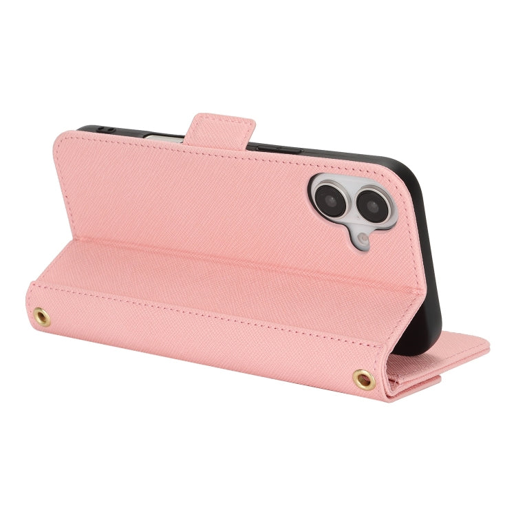 For iPhone 16 Cross Texture Crossbody Lanyard Leather Phone Case