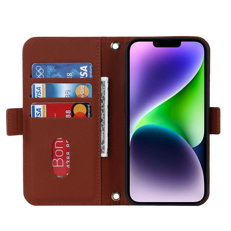 For iPhone 15 Cross Texture Crossbody Lanyard Leather Phone Case