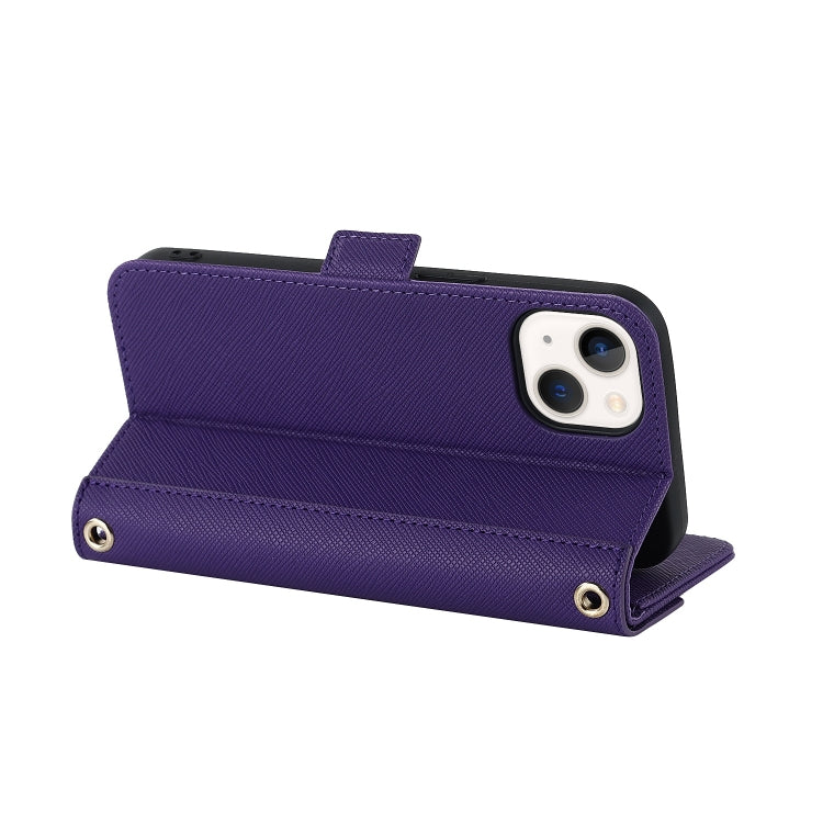 For iPhone 15 Cross Texture Crossbody Lanyard Leather Phone Case