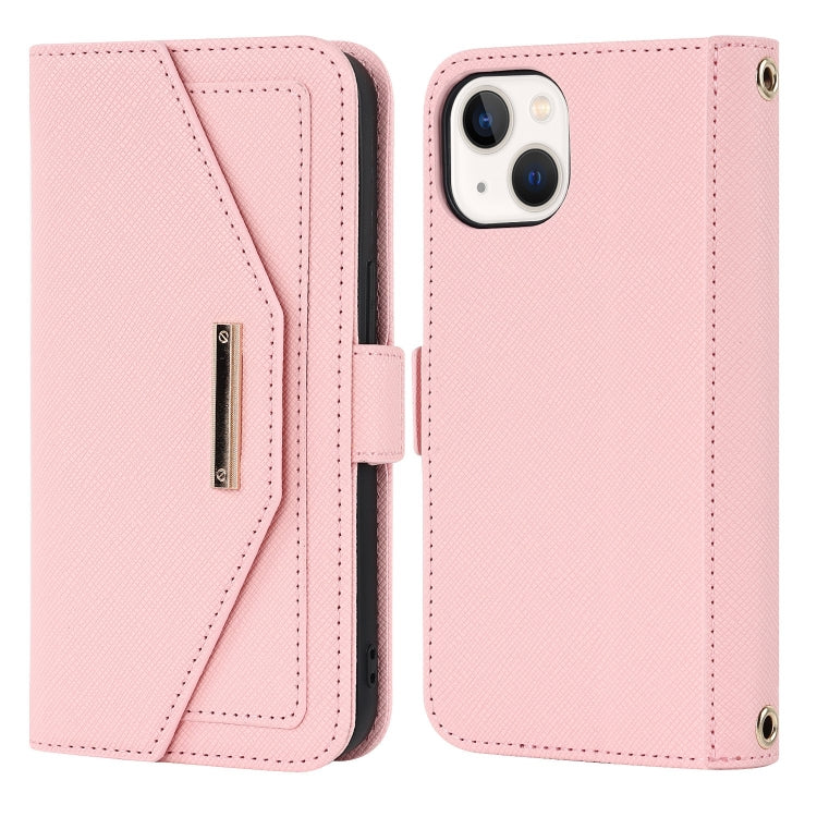 For iPhone 15 Cross Texture Crossbody Lanyard Leather Phone Case
