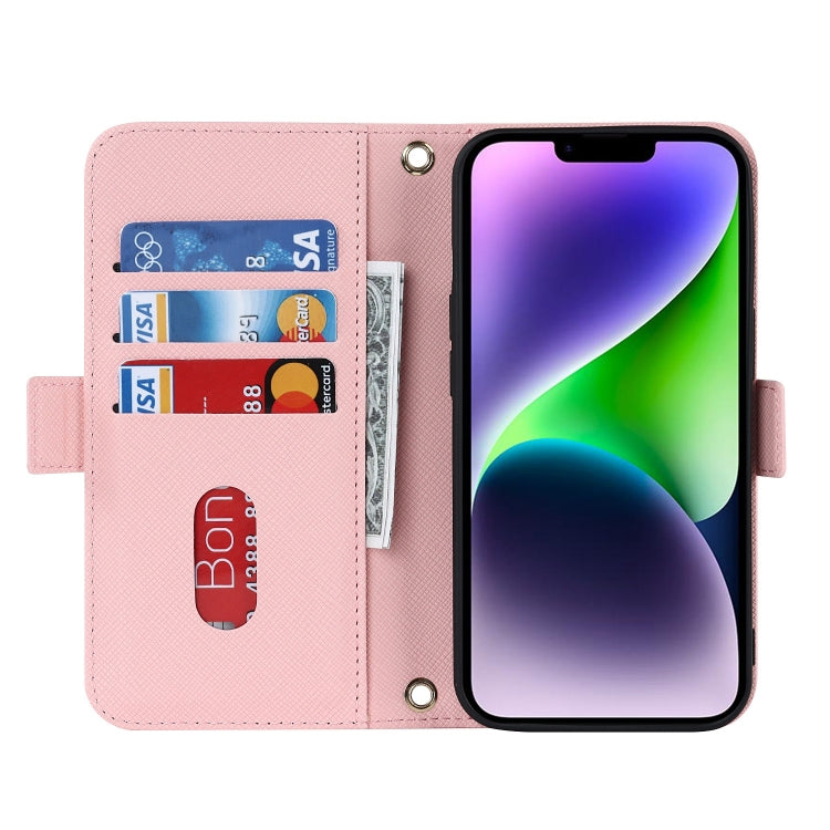 For iPhone 15 Cross Texture Crossbody Lanyard Leather Phone Case