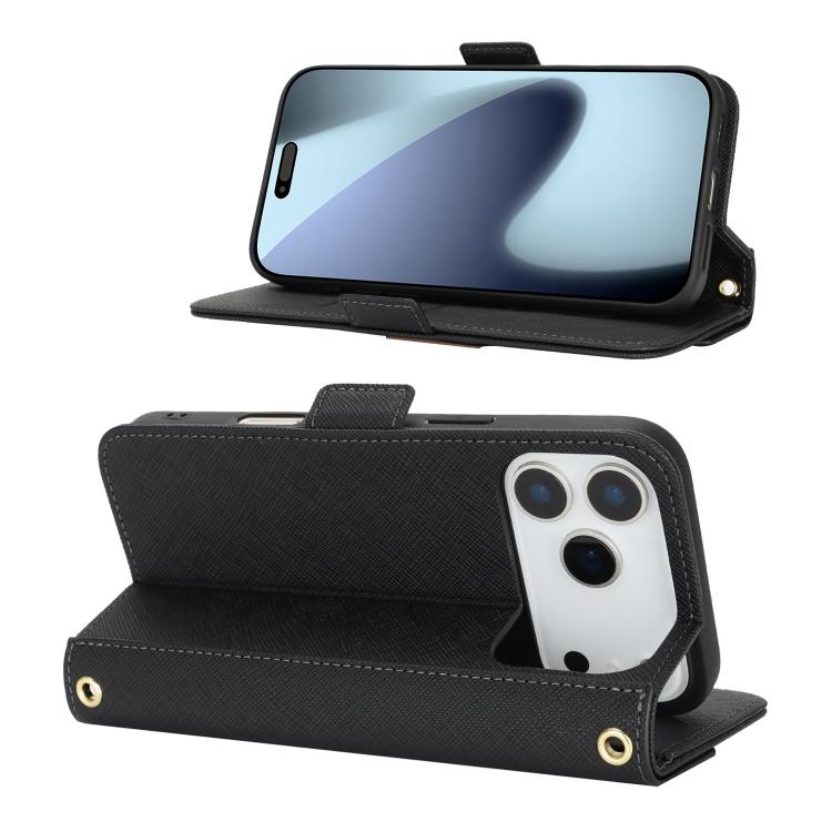 For iPhone 17 Pro Max Cross Texture Crossbody Lanyard Leather Phone Case