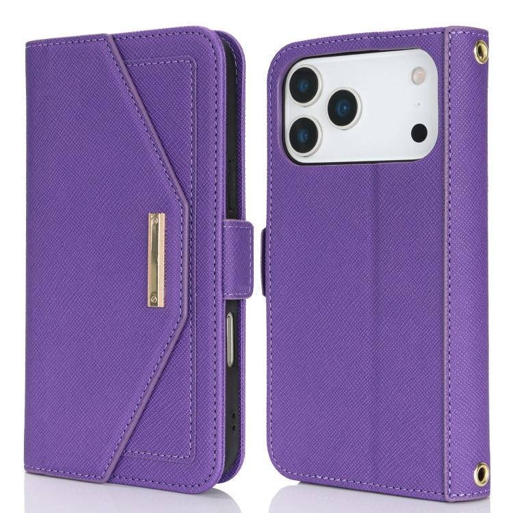 For iPhone 17 Pro Max Cross Texture Crossbody Lanyard Leather Phone Case