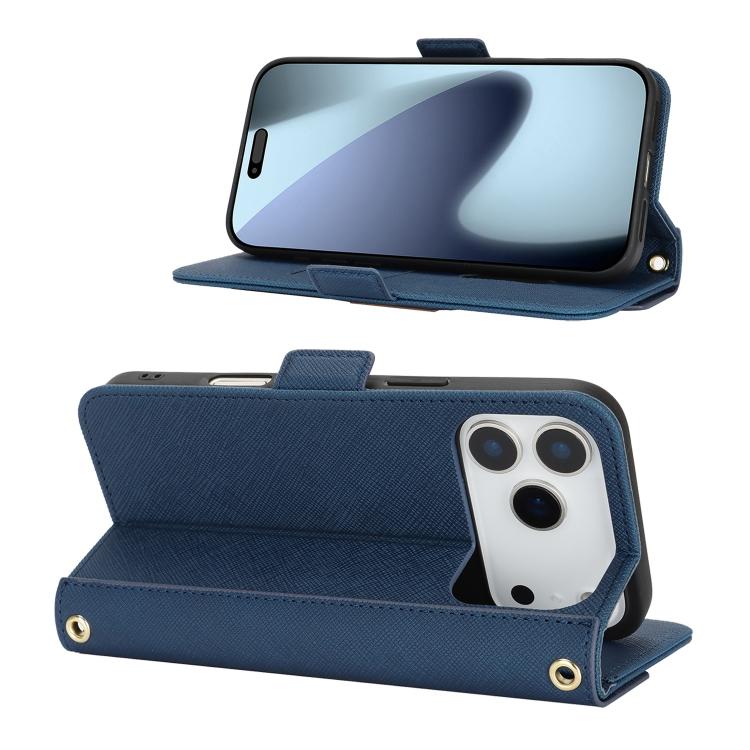 For iPhone 17 Pro Cross Texture Crossbody Lanyard Leather Phone Case