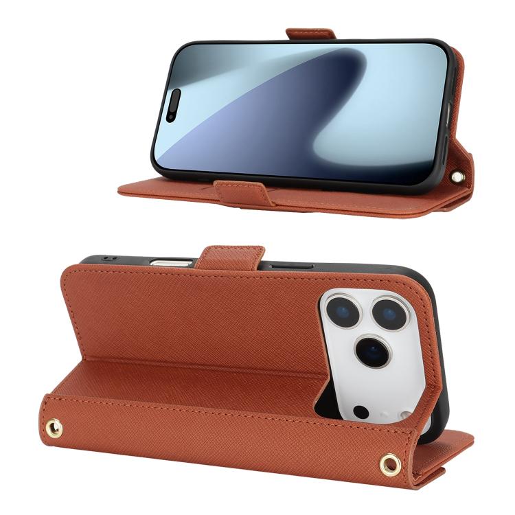For iPhone 17 Pro Cross Texture Crossbody Lanyard Leather Phone Case