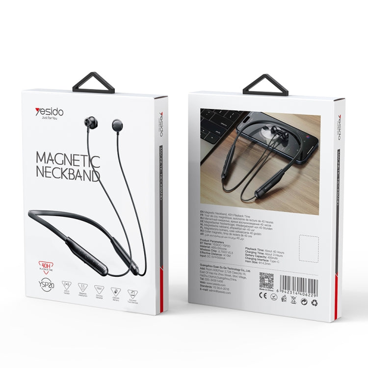 Yesido YSP20 Magnetic Neckband Wireless Bluetooth Earphone - Black