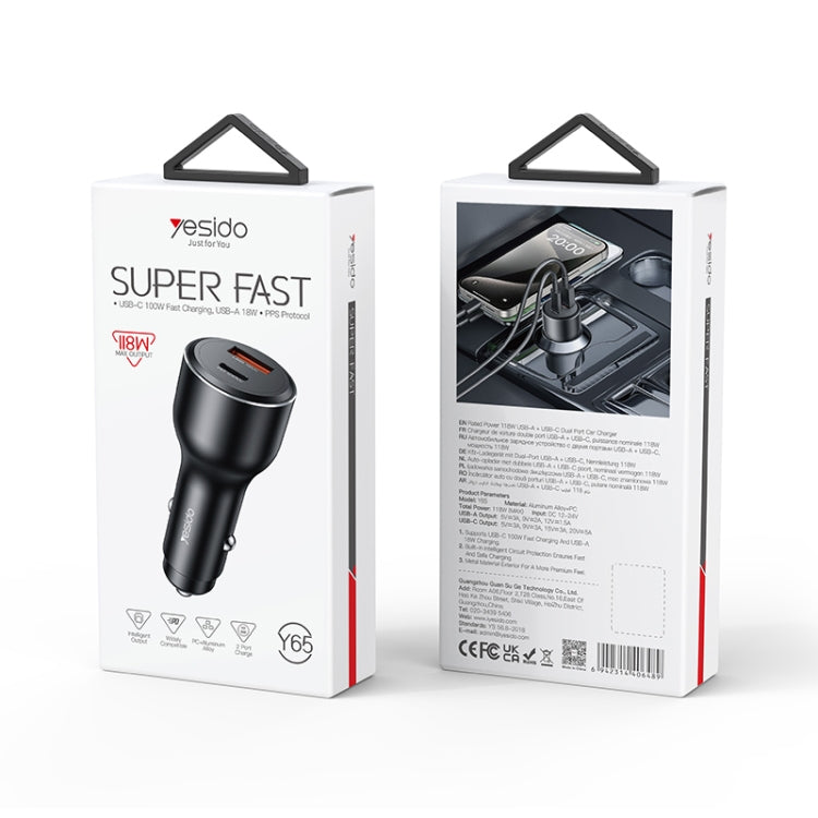 Yesido Y65 PD100W Type-C + QC18W USB Super Fast Car Charger - Black
