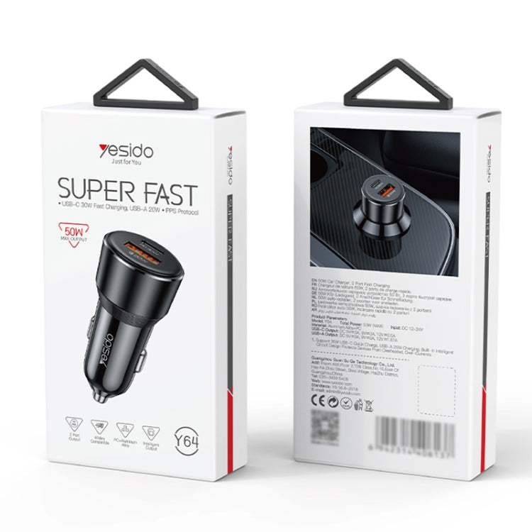 Yesido Y64 PD30W Type-C + QC20W USB Super Fast Car Charger - Black