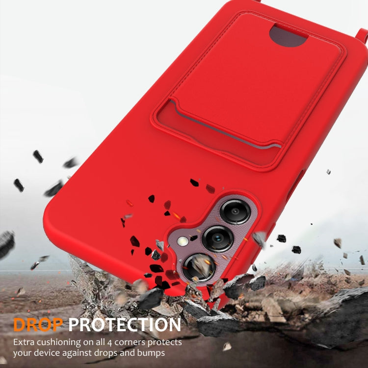For Samsung Galaxy S24 FE 5G Integrated Card Bag Solid Color Liquid Silicone Phone Case with Lanyard