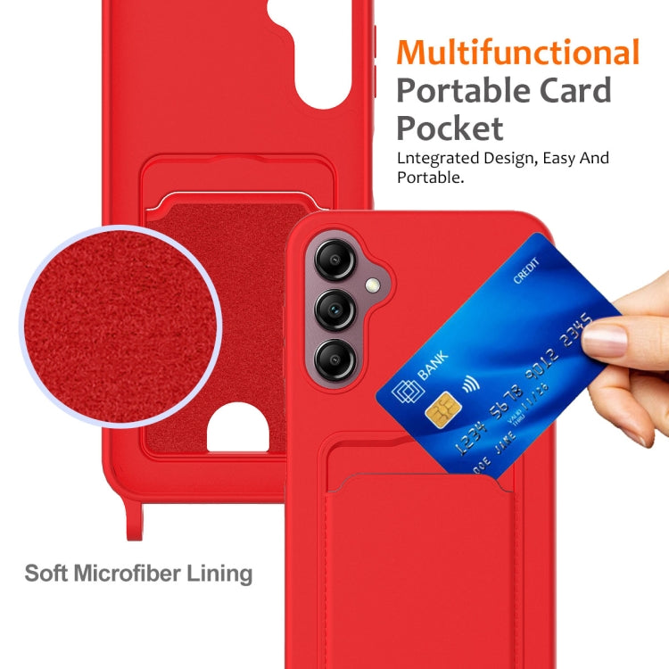 For Samsung Galaxy S24 FE 5G Integrated Card Bag Solid Color Liquid Silicone Phone Case with Lanyard