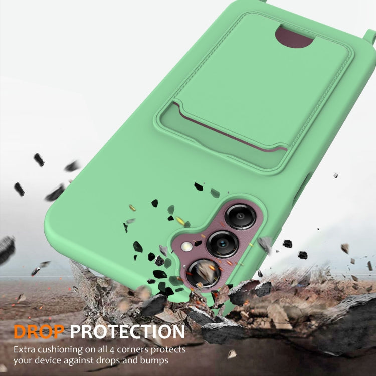 For Samsung Galaxy S24 FE 5G Integrated Card Bag Solid Color Liquid Silicone Phone Case with Lanyard