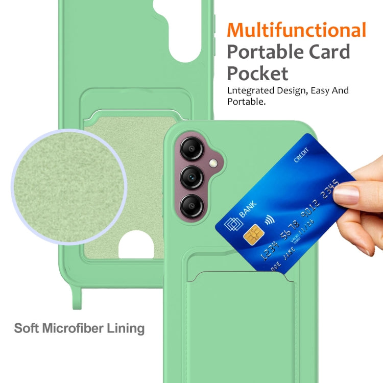 For Samsung Galaxy S24 FE 5G Integrated Card Bag Solid Color Liquid Silicone Phone Case with Lanyard