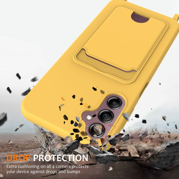 For Samsung Galaxy S24 FE 5G Integrated Card Bag Solid Color Liquid Silicone Phone Case with Lanyard