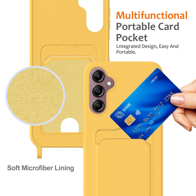 For Samsung Galaxy S24 FE 5G Integrated Card Bag Solid Color Liquid Silicone Phone Case with Lanyard