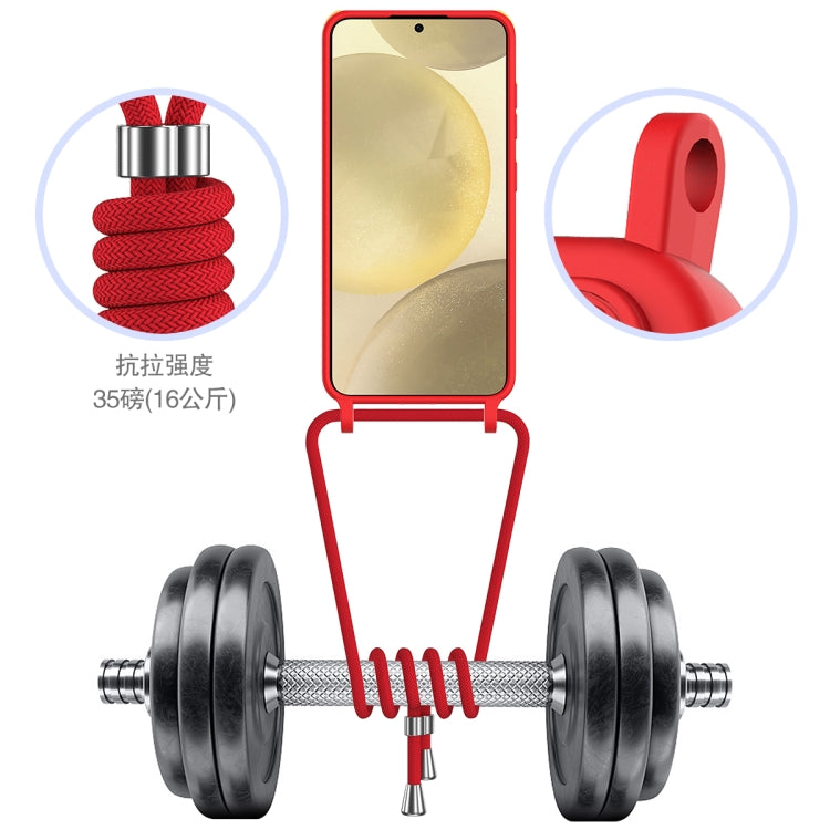 For Samsung Galaxy S25 5G Integrated Card Bag Solid Color Liquid Silicone Phone Case with Lanyard
