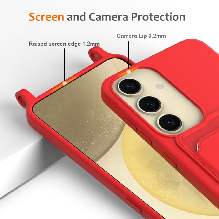 For Samsung Galaxy S25 5G Integrated Card Bag Solid Color Liquid Silicone Phone Case with Lanyard