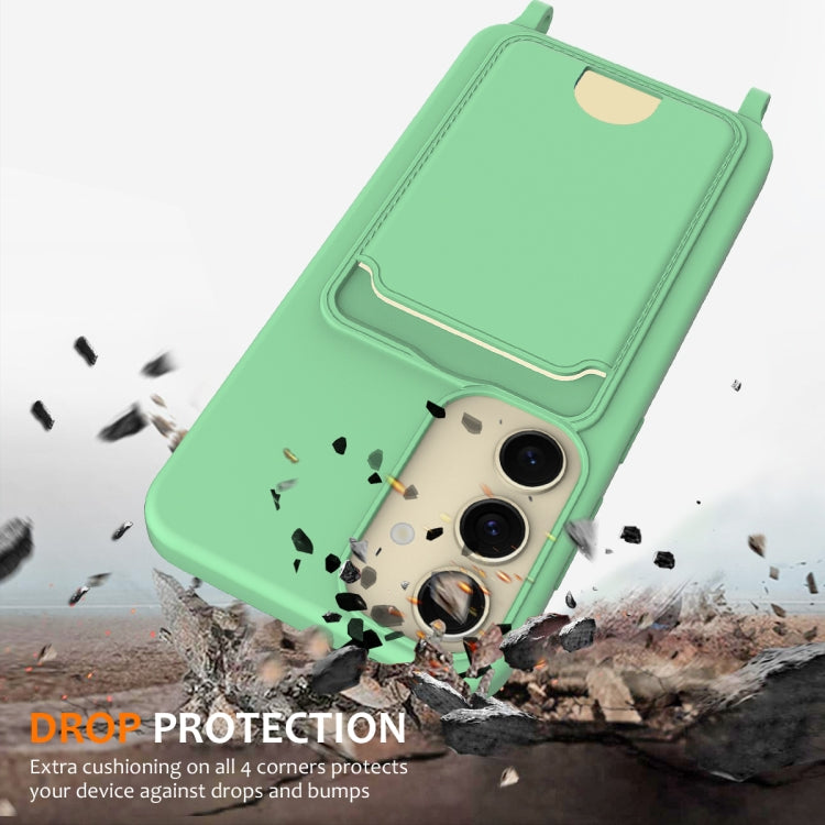 For Samsung Galaxy S25 5G Integrated Card Bag Solid Color Liquid Silicone Phone Case with Lanyard