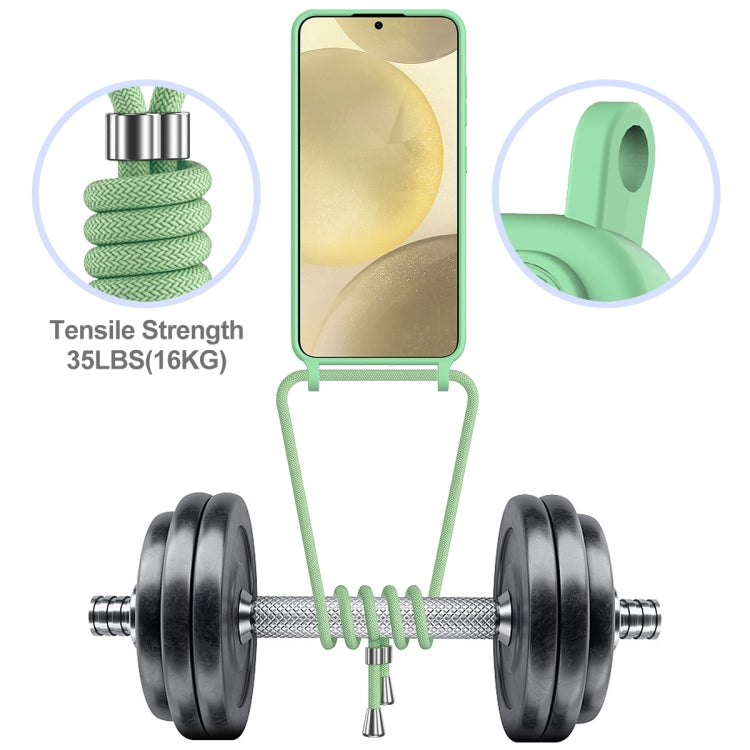 For Samsung Galaxy S25 5G Integrated Card Bag Solid Color Liquid Silicone Phone Case with Lanyard