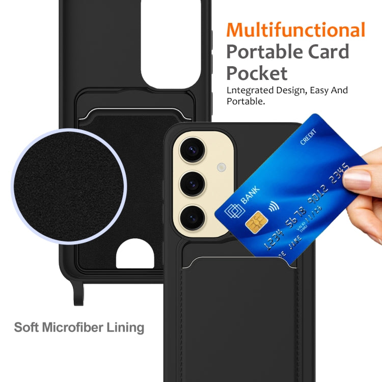 For Samsung Galaxy S25 5G Integrated Card Bag Solid Color Liquid Silicone Phone Case with Lanyard