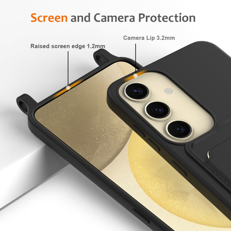 For Samsung Galaxy S25 5G Integrated Card Bag Solid Color Liquid Silicone Phone Case with Lanyard