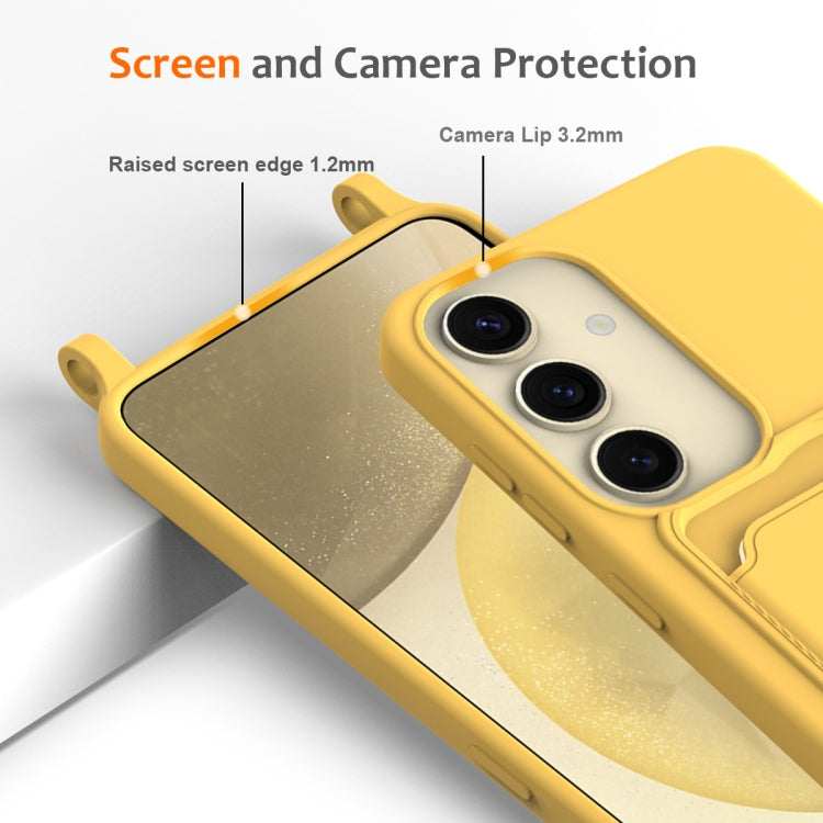 For Samsung Galaxy S25 5G Integrated Card Bag Solid Color Liquid Silicone Phone Case with Lanyard