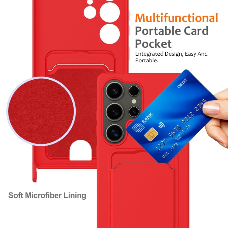 For Samsung Galaxy S25 Ultra 5G Integrated Card Bag Solid Color Liquid Silicone Phone Case with Lanyard
