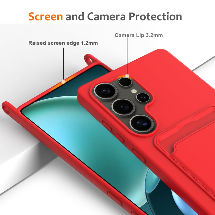 For Samsung Galaxy S25 Ultra 5G Integrated Card Bag Solid Color Liquid Silicone Phone Case with Lanyard